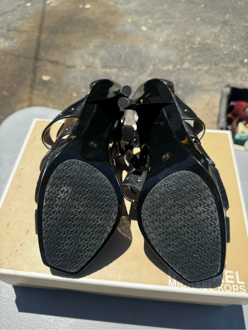 Michael Michael Kors Astor Black Leather Studded Heeled Sandals | Size 8.5